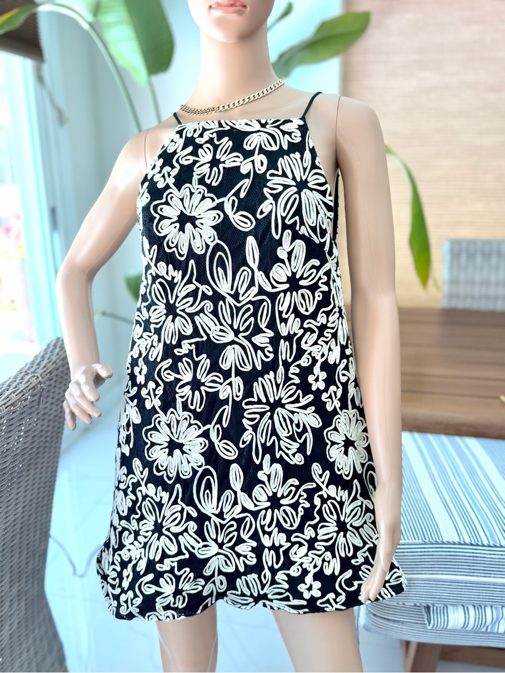 Black & White Floral embroidery Spaghetti-Strap Mini Dress